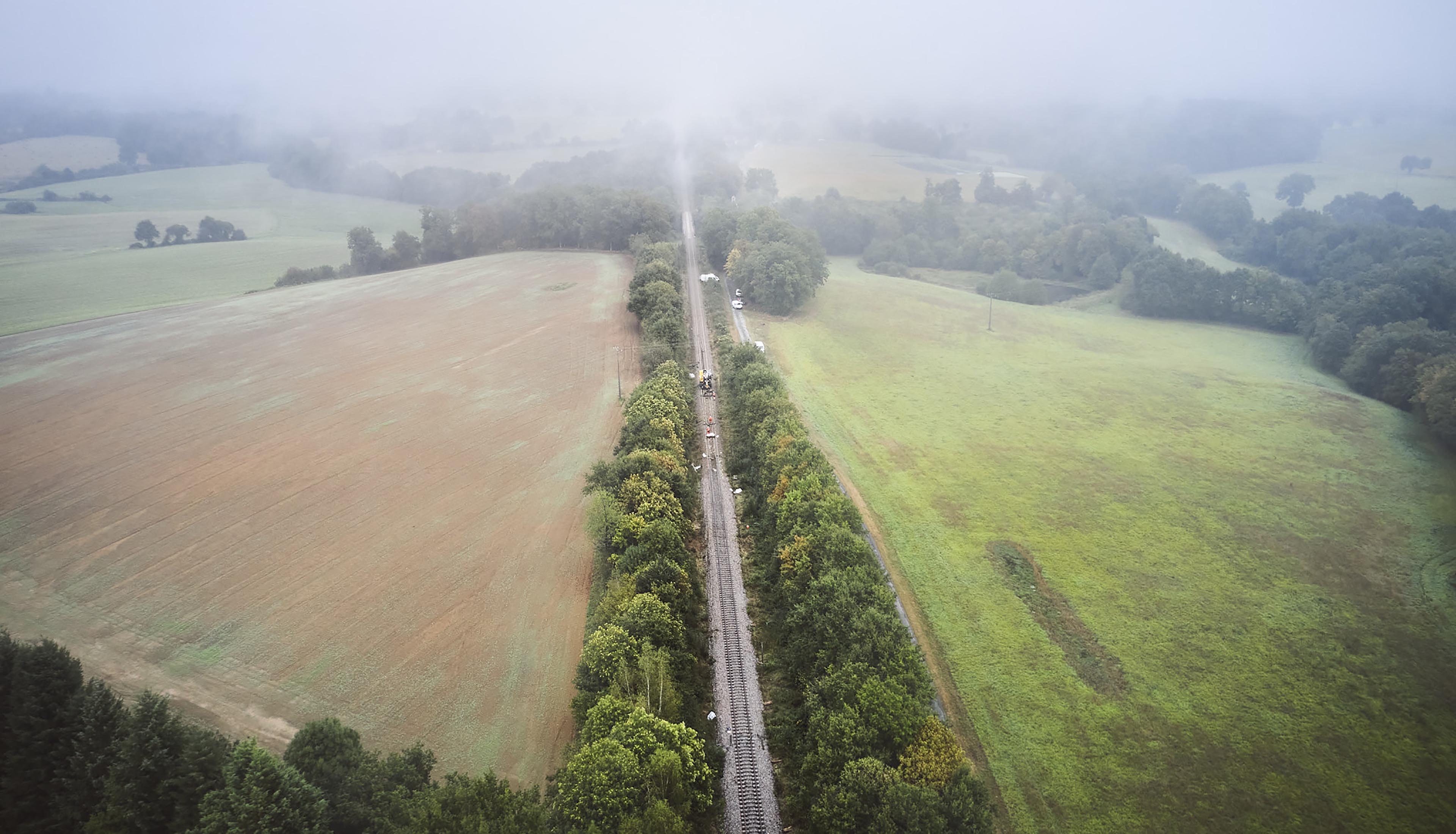 Vue aérienne des travaux sur la ligne TER Nexon - Saint-Yrieix