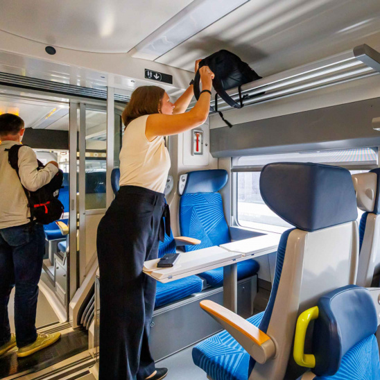 femme portant un bagage dans train