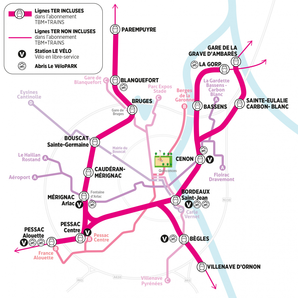 La carte des 16 gares de Bordeaux Métropole accessibles avec l'abonnement TBM + Trains