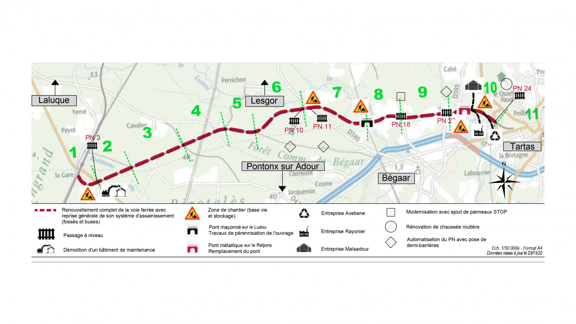 Plan des travaux sur la ligne Laluque - Tartas